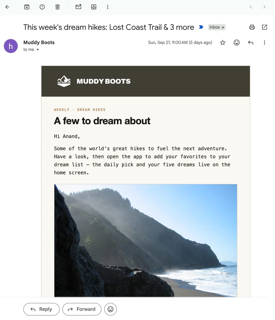 The Sunday dream hikes email digest