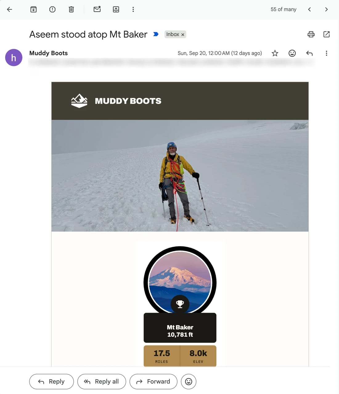 Trophy announcement email: Aseem stood atop Mt Baker