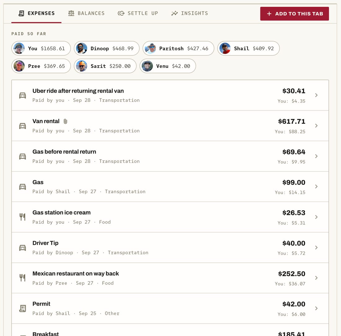 Trip expenses tab