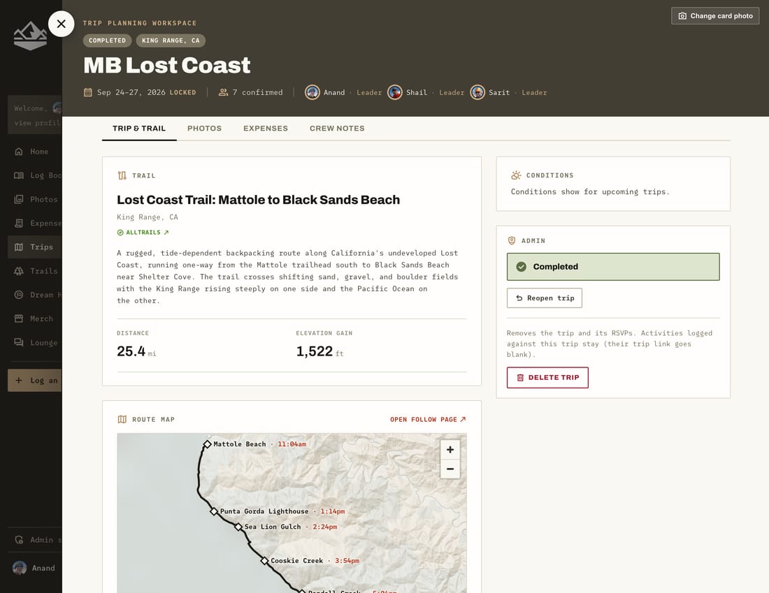 Lost Coast trip workspace